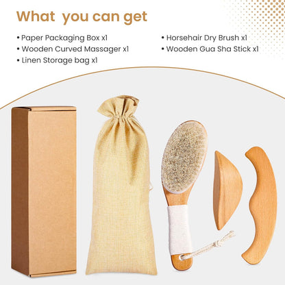 Horsehair Dry Brushing Body Brush Set for Lymphatic Drainage - Non-Slip Contoured Handle Dry Brush + Wooden Body Massage Tools. Gua Sha Stick, Maderotherapy Kit, Anti-Cellulite, and Body Detox.