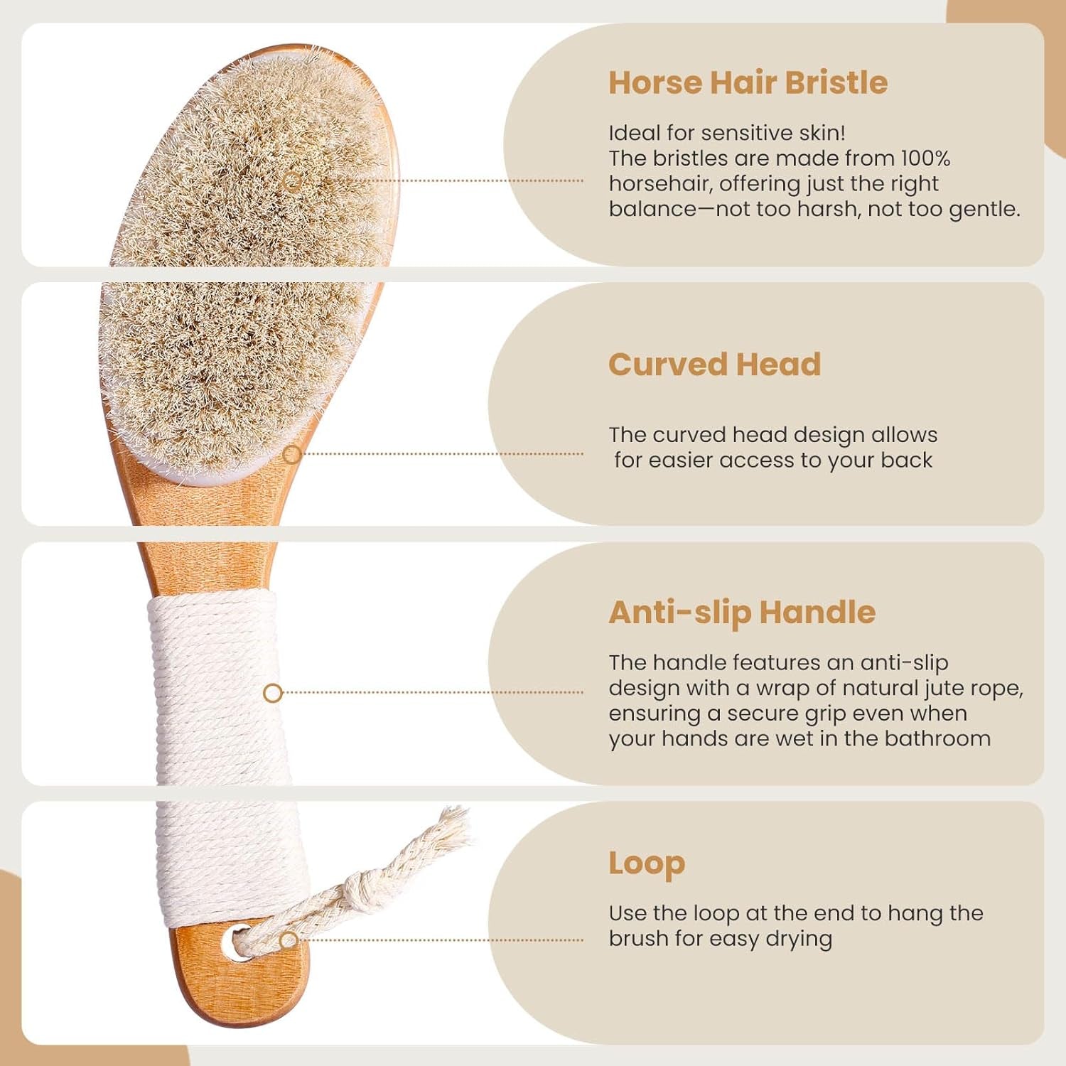 Horsehair Dry Brushing Body Brush Set for Lymphatic Drainage - Non-Slip Contoured Handle Dry Brush + Wooden Body Massage Tools. Gua Sha Stick, Maderotherapy Kit, Anti-Cellulite, and Body Detox.