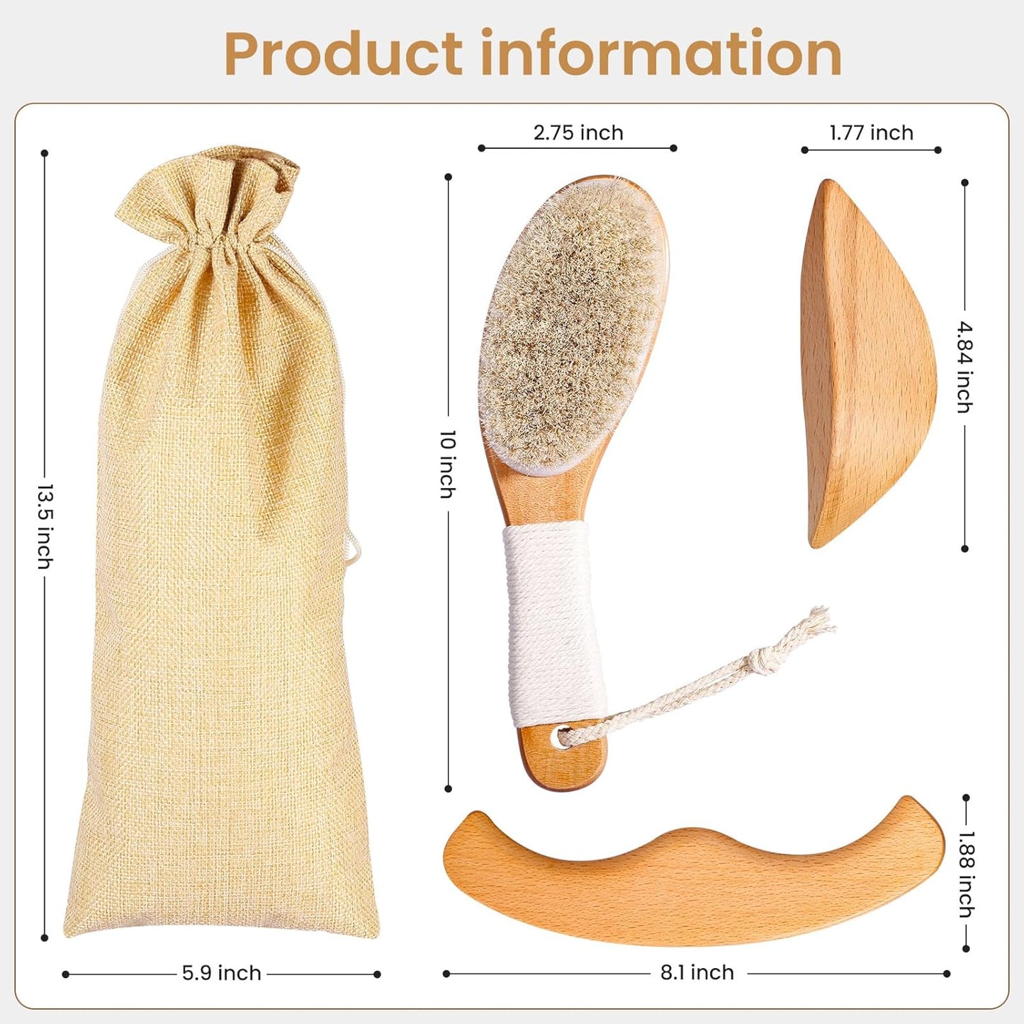 Horsehair Dry Brushing Body Brush Set for Lymphatic Drainage - Non-Slip Contoured Handle Dry Brush + Wooden Body Massage Tools. Gua Sha Stick, Maderotherapy Kit, Anti-Cellulite, and Body Detox.