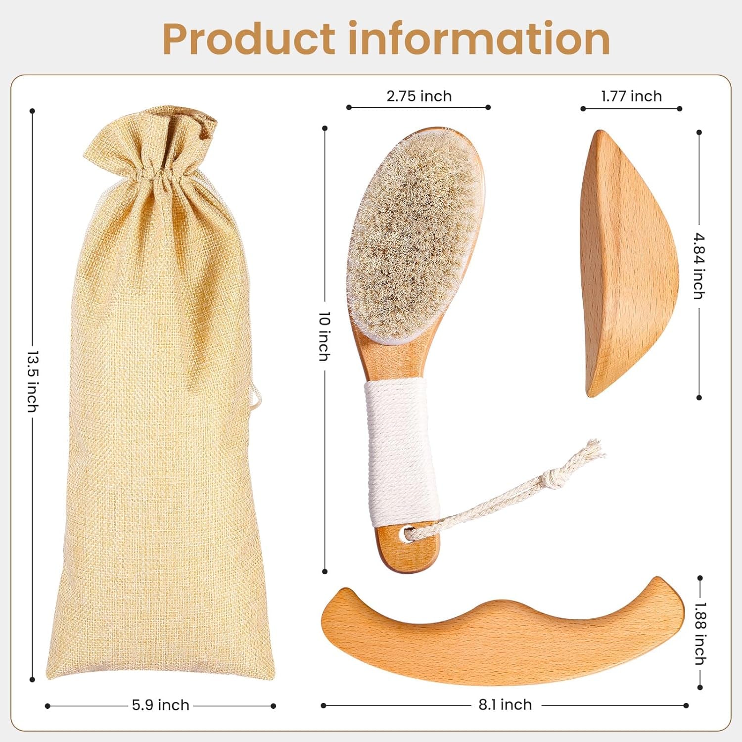 Horsehair Dry Brushing Body Brush Set for Lymphatic Drainage - Non-Slip Contoured Handle Dry Brush + Wooden Body Massage Tools. Gua Sha Stick, Maderotherapy Kit, Anti-Cellulite, and Body Detox.