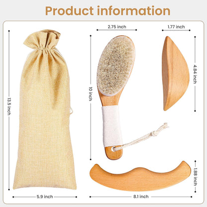 Horsehair Dry Brushing Body Brush Set for Lymphatic Drainage - Non-Slip Contoured Handle Dry Brush + Wooden Body Massage Tools. Gua Sha Stick, Maderotherapy Kit, Anti-Cellulite, and Body Detox.