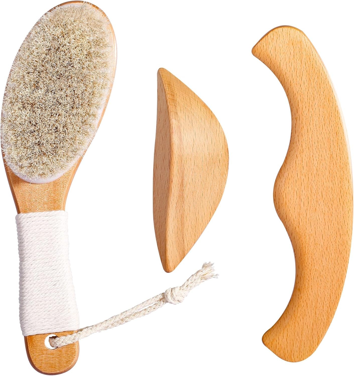 Horsehair Dry Brushing Body Brush Set for Lymphatic Drainage - Non-Slip Contoured Handle Dry Brush + Wooden Body Massage Tools. Gua Sha Stick, Maderotherapy Kit, Anti-Cellulite, and Body Detox.